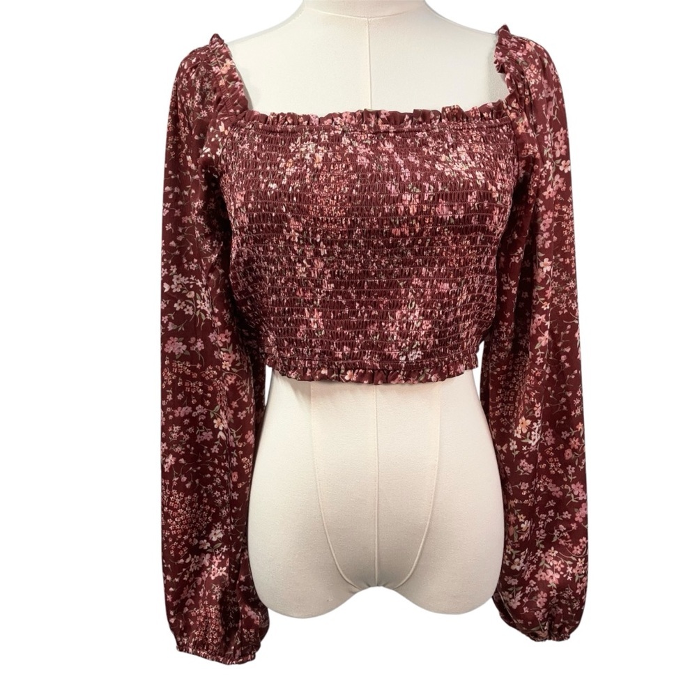 Altar’d State Vaella Smocked Floral‎ Top in Burgundy Long Sleeve Cropped medium